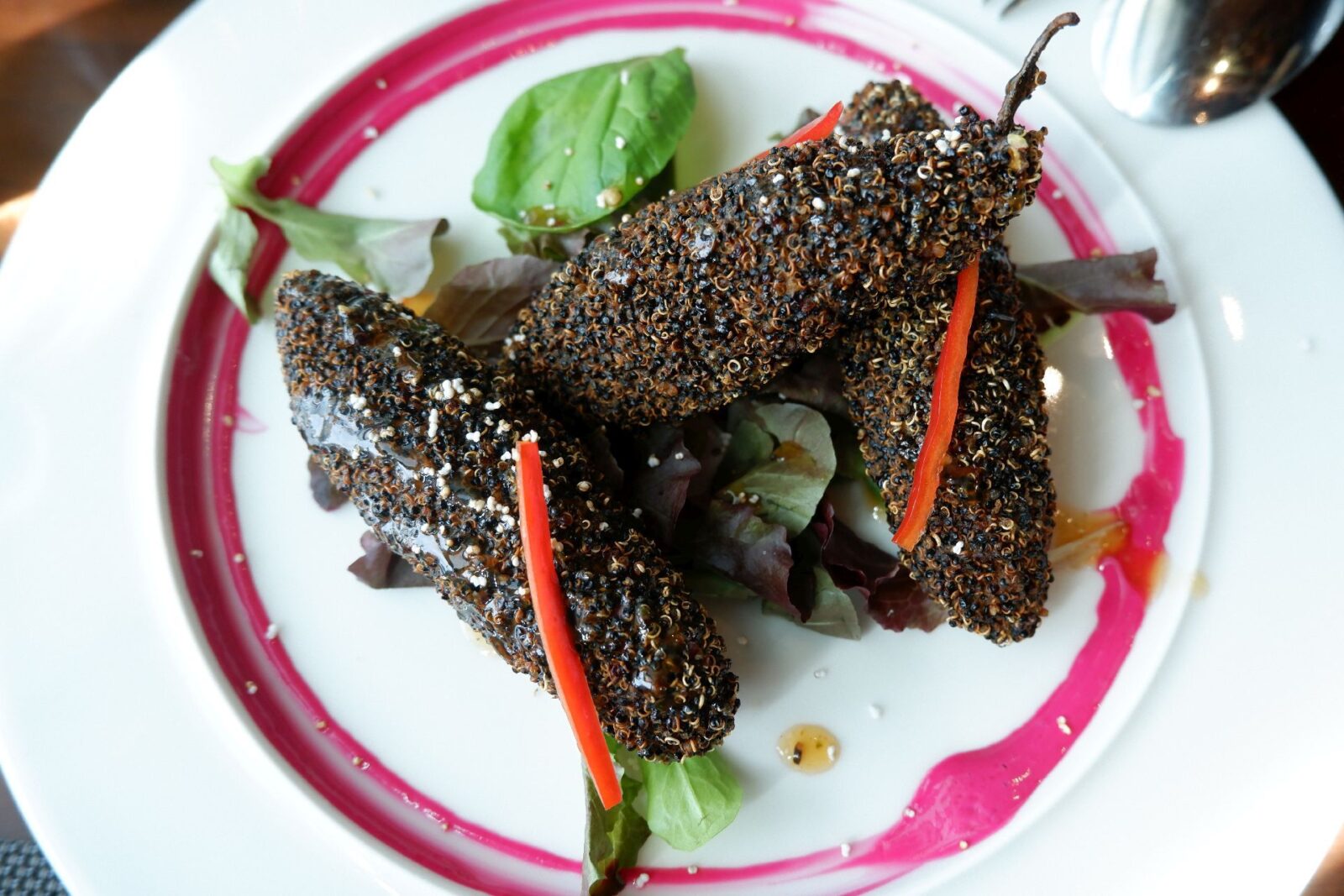 Quinoa-crusted Romano peppers with masala potatoes at Mint Leaf of London, Dubai